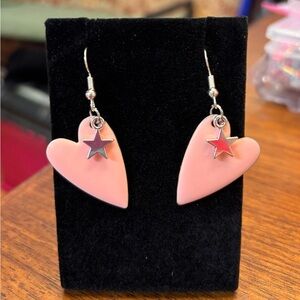 New face framing Pink Heart Earrings with Silver Star Accent 80s vibes Valentine